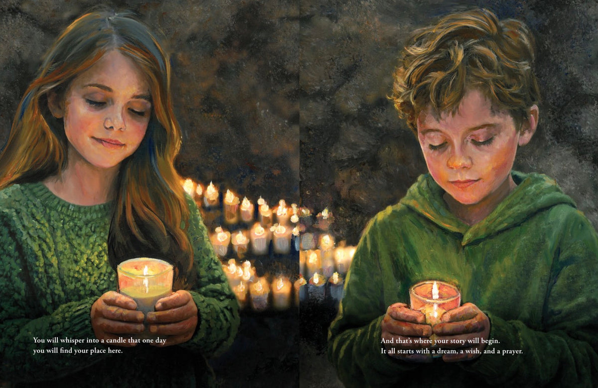 Illustrated Dreams of Gold book spread showing two children holding candles at the Notre Dame Grotto
