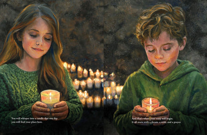 Illustrated Dreams of Gold book spread showing two children holding candles at the Notre Dame Grotto